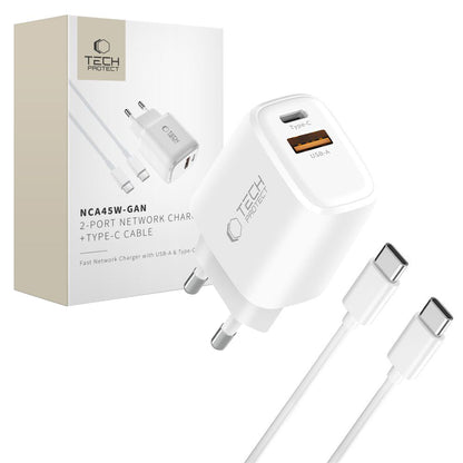 Chargeur réseau avec câble USB-C Tech-Protect NCA45W, 45W, 3A, 1 x USB-A - 1 x USB-C, Blanc