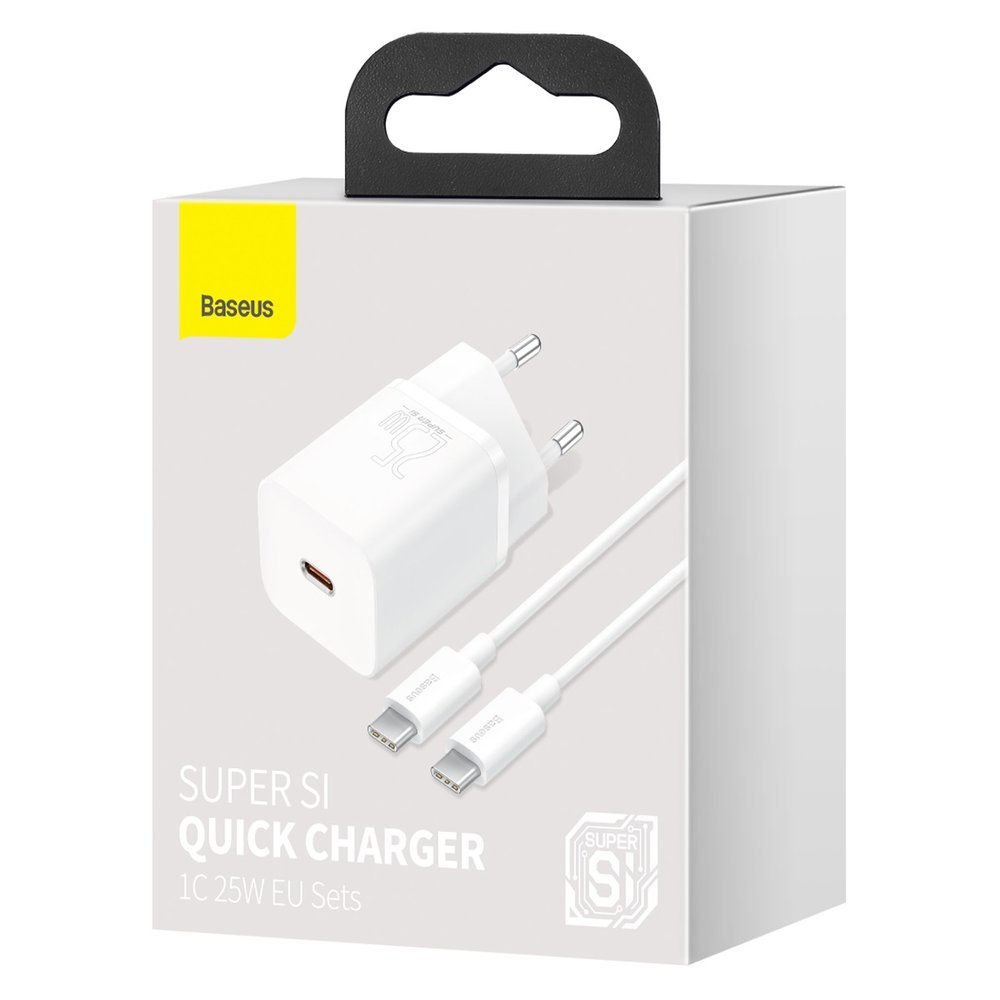 Baseus Super Si Chargeur réseau USB-C avec câble USB-C, 25W, 3A, 1 x USB-C, blanc TZCCCSUP-L02 