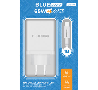 Chargeur réseau avec câble USB-C BLUE Power BPCE04, 65W, 3.25A, 1 x USB-A - 2 x USB-C, blanc