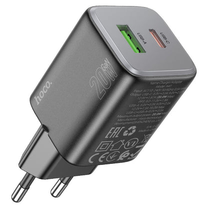 Chargeur réseau avec câble Lightning HOCO N41, 20W, 3A, 1 x USB-A - 1 x USB-C, Noir