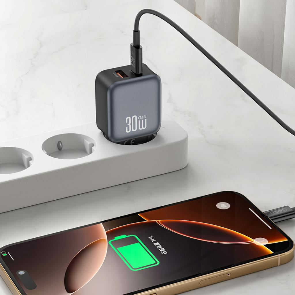 Chargeur réseau avec câble Lightning XO Design L156, 30W, 3A, 1 x USB-A - 1 x USB-C, Noir