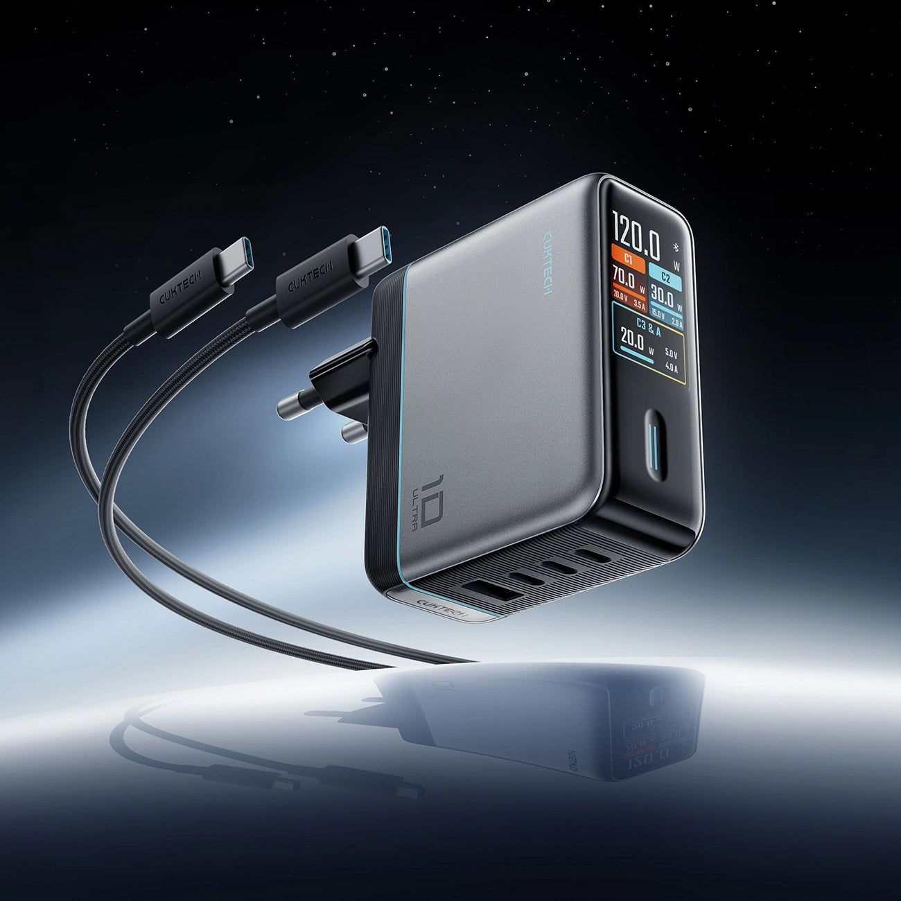Chargeur secteur avec câble USB-C Cuktech AD1204U Display, 120W, 6A, 1 x USB-A - 2 x USB-C, Argenté