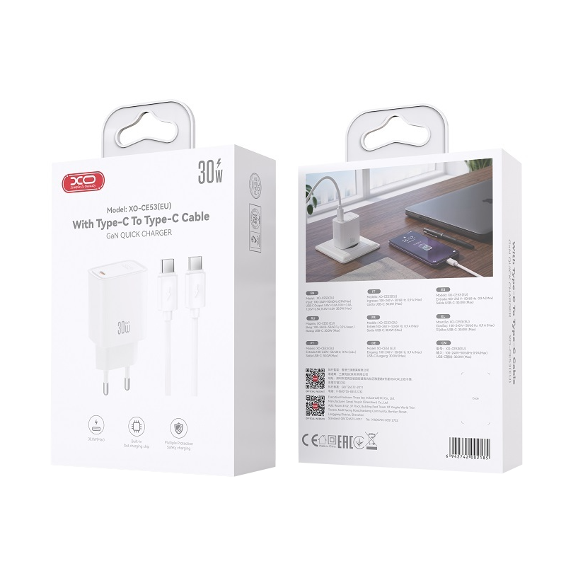 Chargeur secteur avec câble USB-C XO Design CE53, 30 W, 3 A, 1 x USB-C, blanc
