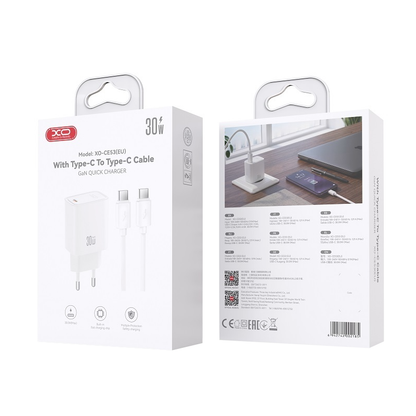 Chargeur secteur avec câble USB-C XO Design CE53, 30 W, 3 A, 1 x USB-C, blanc