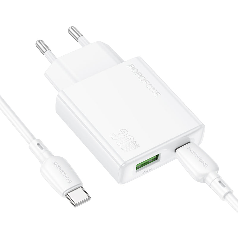 Chargeur réseau avec câble USB-C Borofone BN25 Wish, 30W, 3A, 1 x USB-A - 1 x USB-C, blanc 