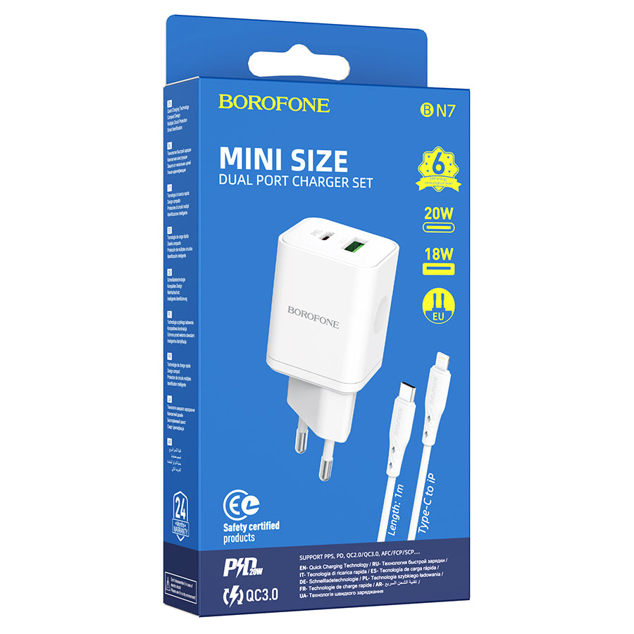 Chargeur réseau avec câble Lightning Borofone BN7, 20W, 3A, 1 x USB-A - 1 x USB-C, Blanc
