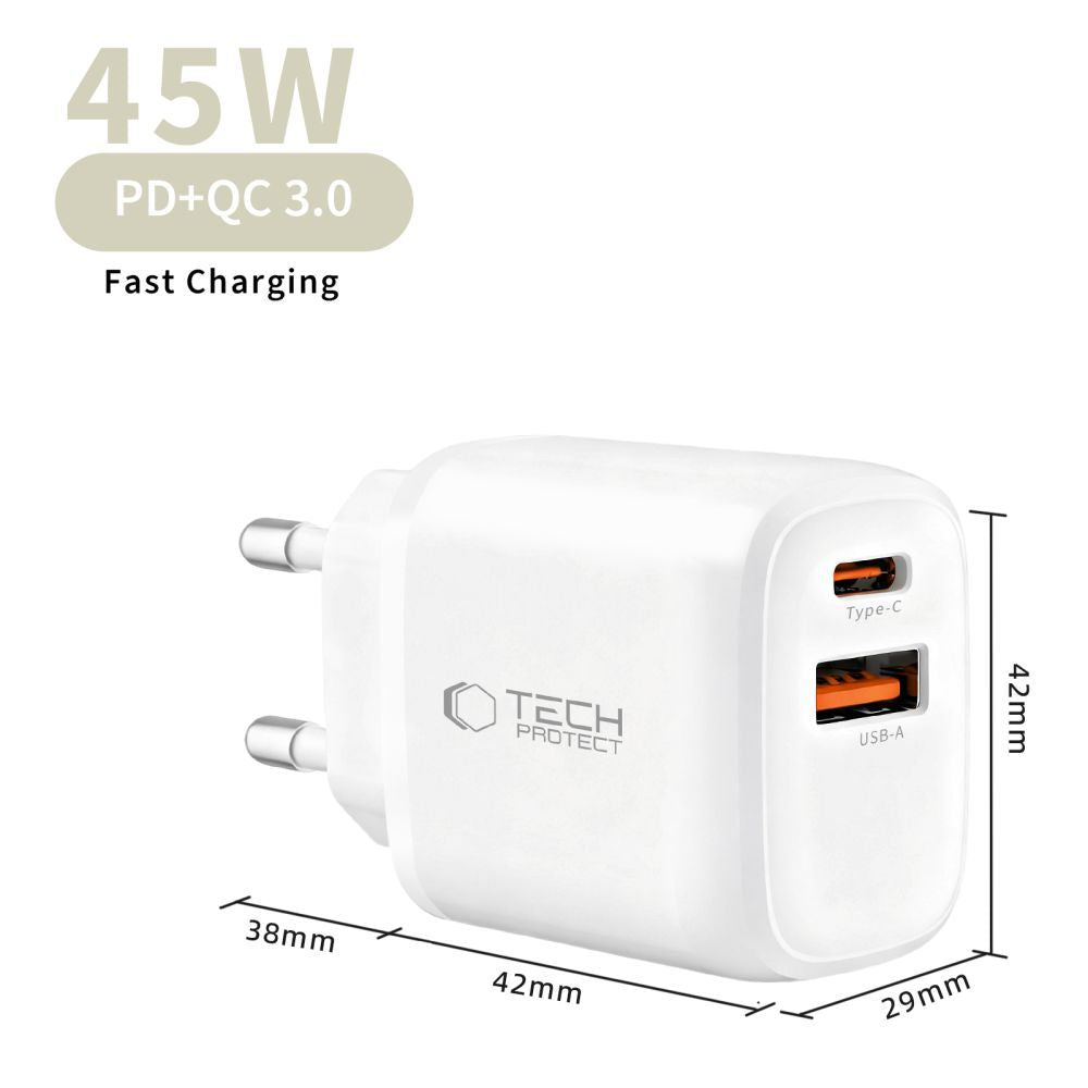 Chargeur réseau avec câble USB-C Tech-Protect NCA45W, 45W, 3A, 1 x USB-A - 1 x USB-C, Blanc
