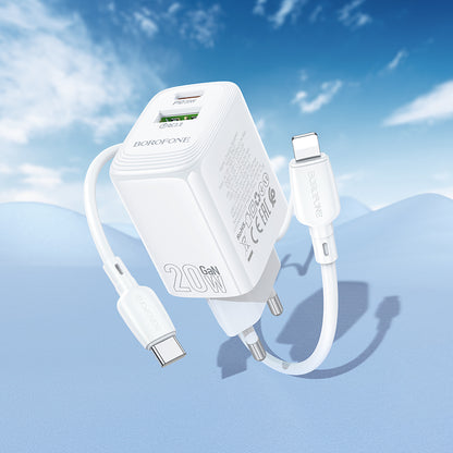 Chargeur réseau avec câble Lightning Borofone BN27 Fuente, 20W, 3A, 1 x USB-A - 1 x USB-C, Blanc