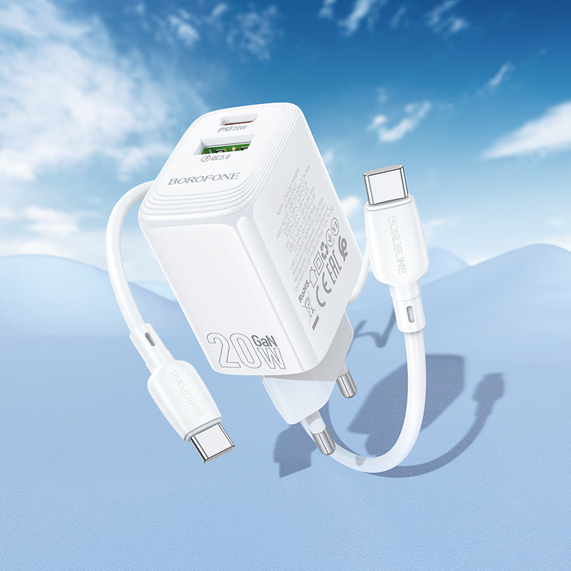 Chargeur réseau avec câble USB-C Borofone BN27 Fuente, 20W, 3A, 1 x USB-A - 1 x USB-C, Blanc