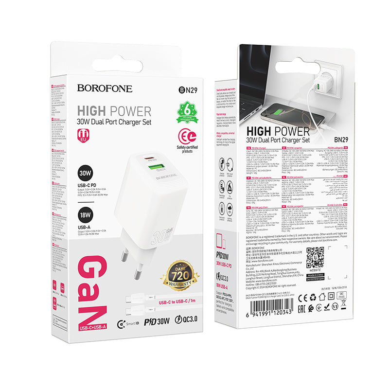 Chargeur réseau avec câble USB-C Borofone BN29 Fuente, 30W, 3A, 1 x USB-A - 1 x USB-C, Blanc