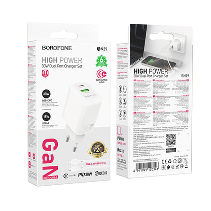 Chargeur réseau avec câble USB-C Borofone BN29 Fuente, 30W, 3A, 1 x USB-A - 1 x USB-C, Blanc
