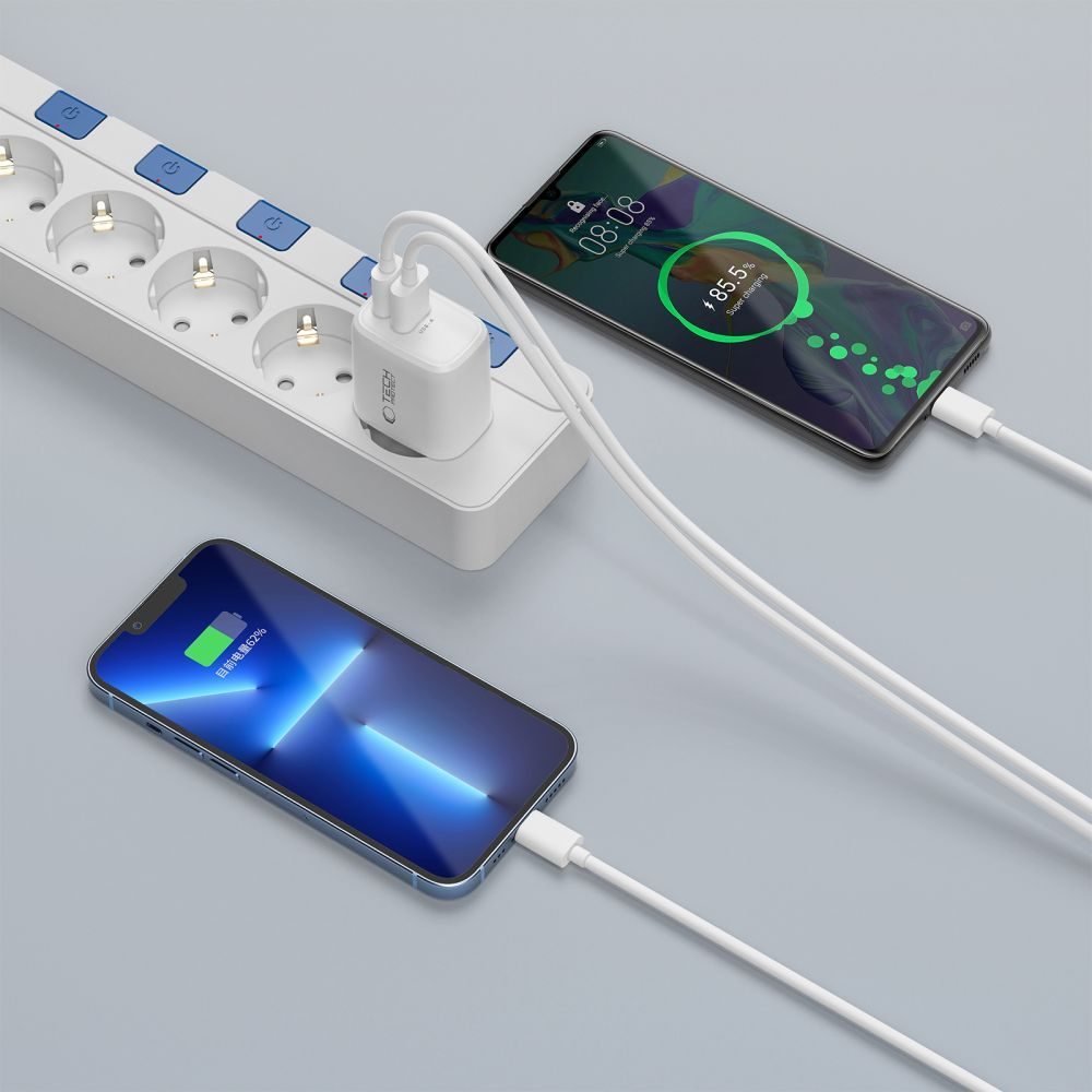Chargeur secteur avec câble Lightning Tech-Protect NCA20, 20W, 3A, 1 x USB-A - 1 x USB-C, Blanc