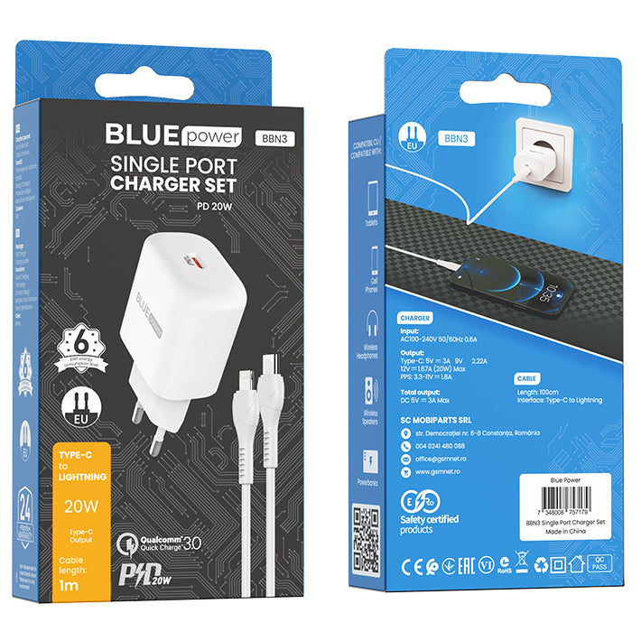 BLUE Power BBN3 Chargeur réseau avec câble Lightning, 20W, 3A, 1 x USB-C, blanc