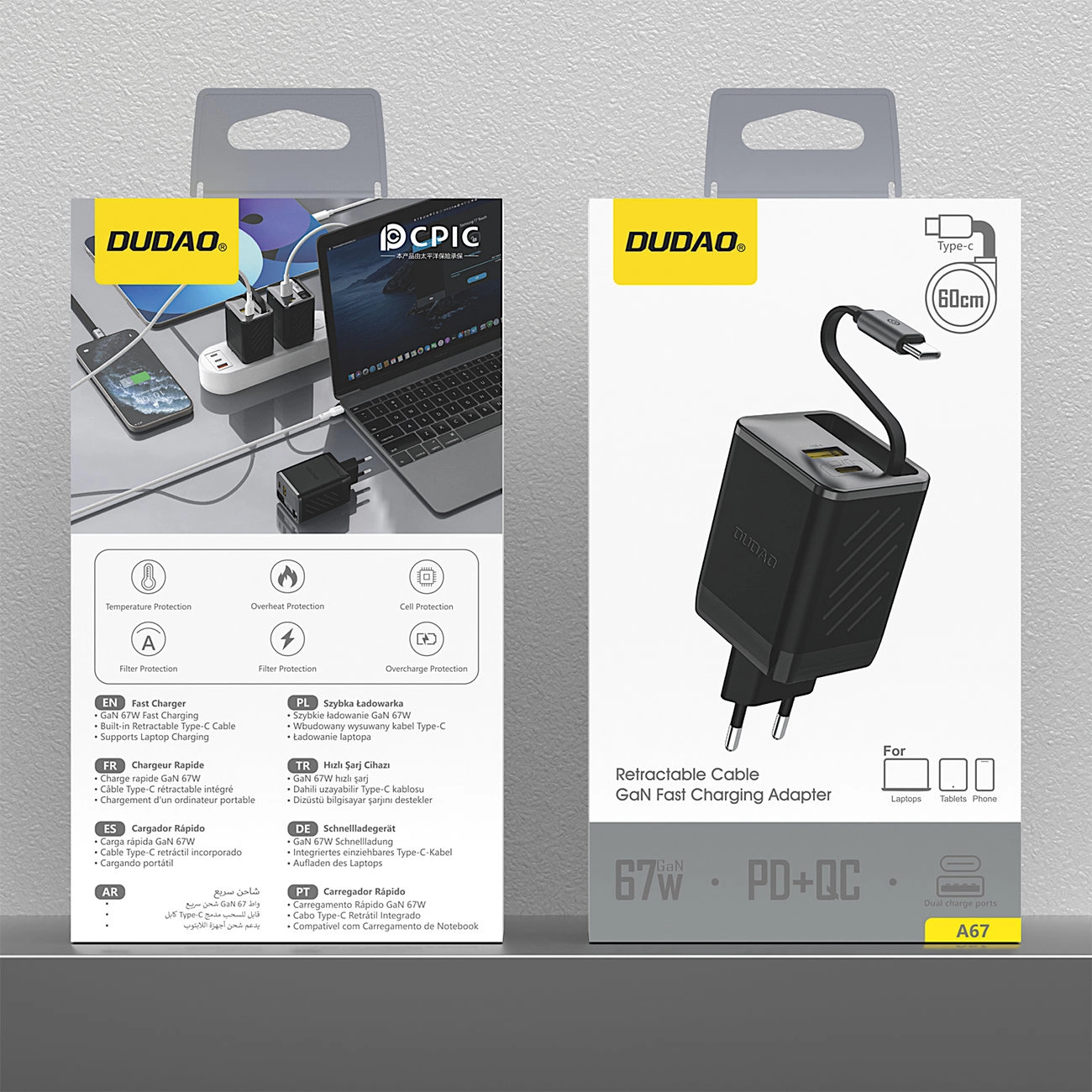 Chargeur réseau avec câble USB-C Dudao A67EU, 67W, 3.35A, 1 x USB-A - 1 x USB-C, Noir