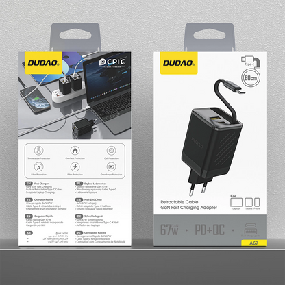Chargeur réseau avec câble USB-C Dudao A67EU, 67W, 3.35A, 1 x USB-A - 1 x USB-C, Noir
