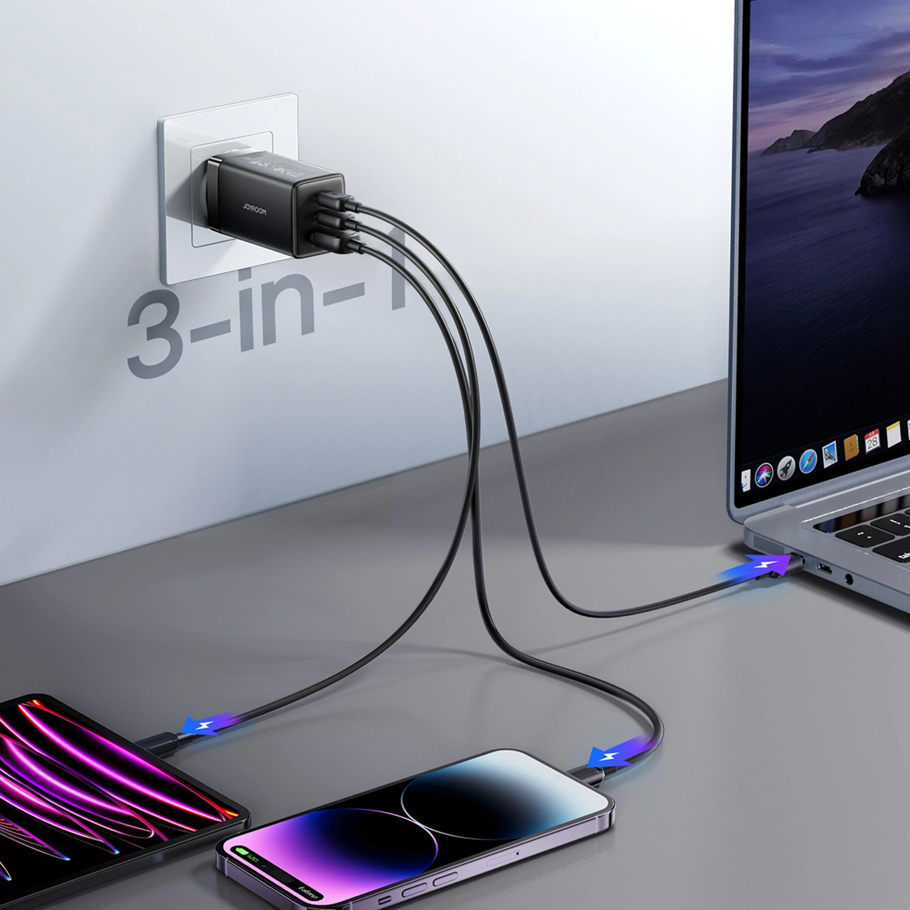 Chargeur secteur avec câble USB-C Joyroom JR-TG10, 65W, 3,25A, 1 x USB-A - 2 x USB-C, Noir