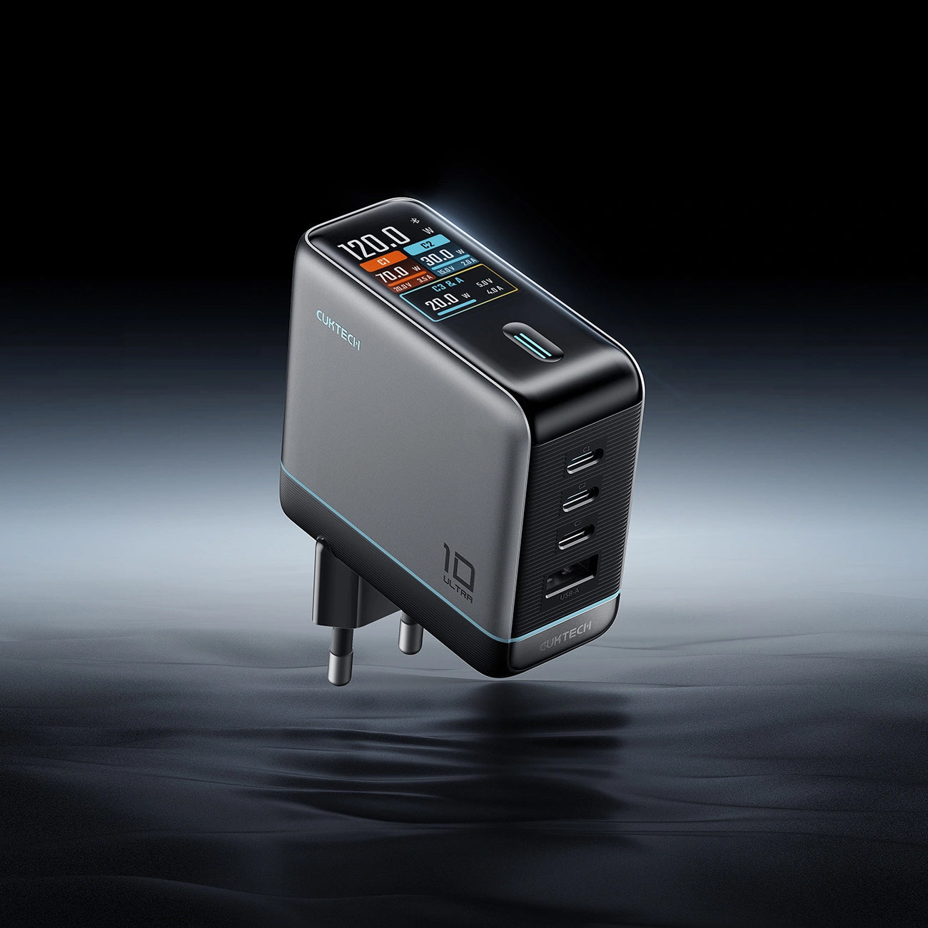 Chargeur secteur avec câble USB-C Cuktech AD1204U Display, 120W, 6A, 1 x USB-A - 2 x USB-C, Argenté