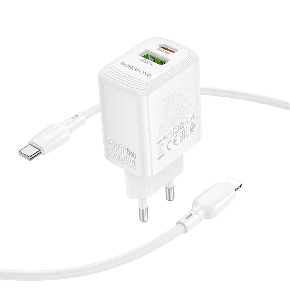 Chargeur réseau avec câble Lightning Borofone BN27 Fuente, 20W, 3A, 1 x USB-A - 1 x USB-C, Blanc