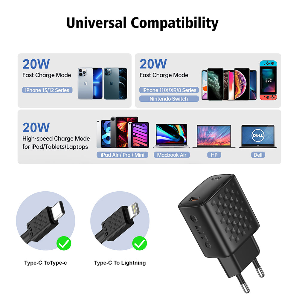 Chargeur réseau avec câble Lightning Lito LC13L, 20W, 3A, 1 x USB-C, Noir