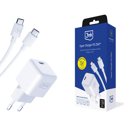 Network Charger with USB-C Cable 3MK Hyper, 25W, 3A, 1 x USB-C, White
