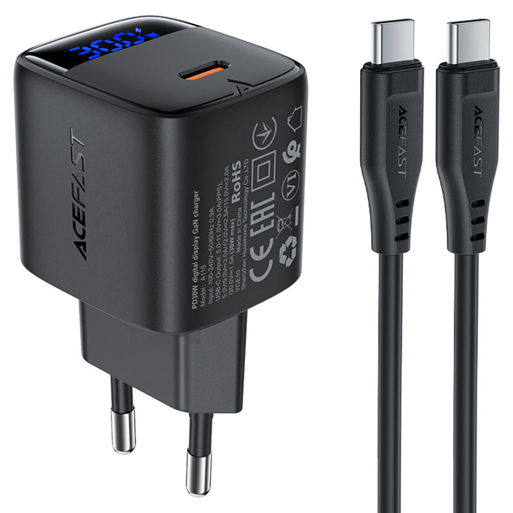 Chargeur réseau avec câble USB-C Acefast A115 Display, 30W, 3A, 1 x USB-C, Noir