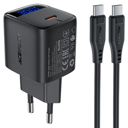Chargeur réseau avec câble USB-C Acefast A115 Display, 30W, 3A, 1 x USB-C, Noir