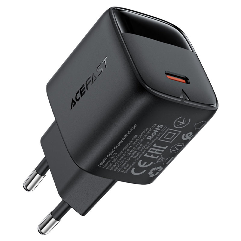 Chargeur réseau avec câble USB-C Acefast A115 Display, 30W, 3A, 1 x USB-C, Noir