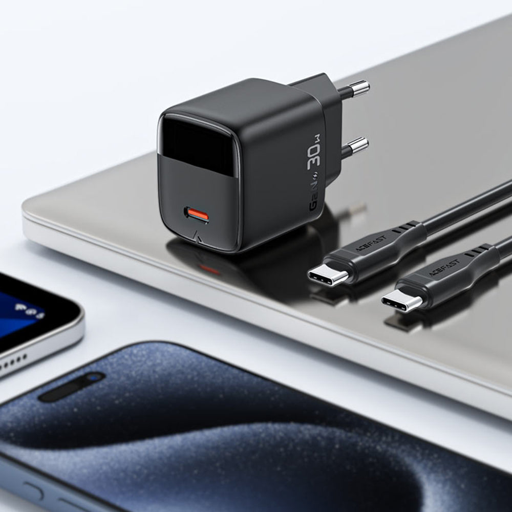 Chargeur réseau avec câble USB-C Acefast A115 Display, 30W, 3A, 1 x USB-C, Noir
