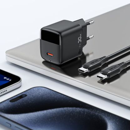 Chargeur réseau avec câble USB-C Acefast A115 Display, 30W, 3A, 1 x USB-C, Noir