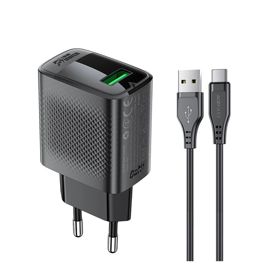 Chargeur réseau avec câble USB-C Acefast A90, 18W, 3A, 1 x USB-A, Noir
