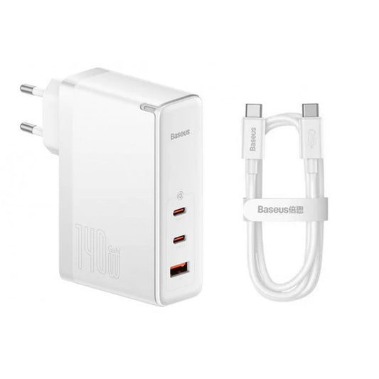 Chargeur Réseau avec Câble USB-C Baseus GaN5 Pro, 140W, 5A, 1 x USB-A - 2 x USB-C, Blanc CCGP100202