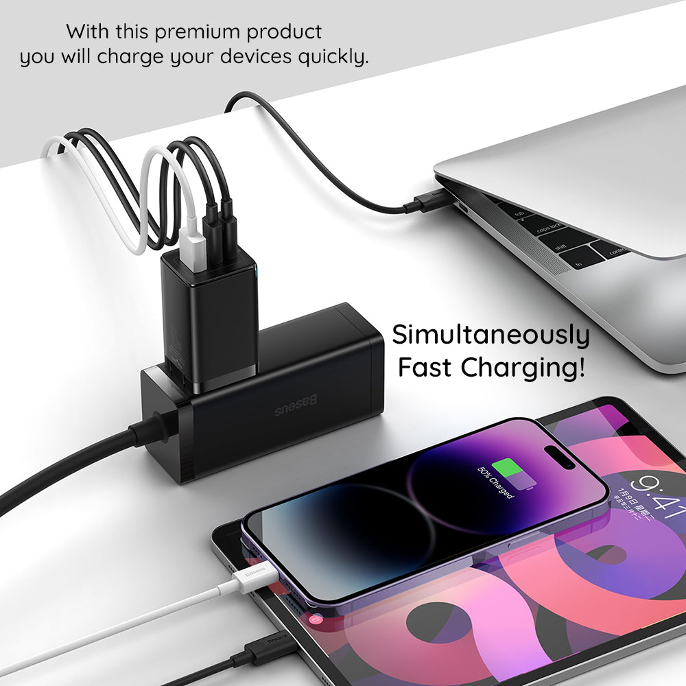 Baseus GaN5 Pro Network Charger with USB-C Cable, 65W, 3.25A, 1 x USB-A - 2 x USB-C, Black C0206500