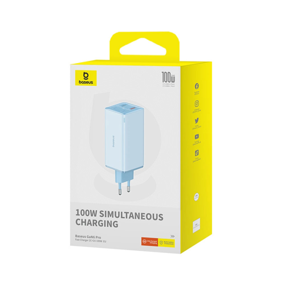 Baseus GaN6 Pro Network Charger with USB-C Cable, 100W, 3.25A, 2 x USB-A - 2 x USB-C, Blue P10162705312-00