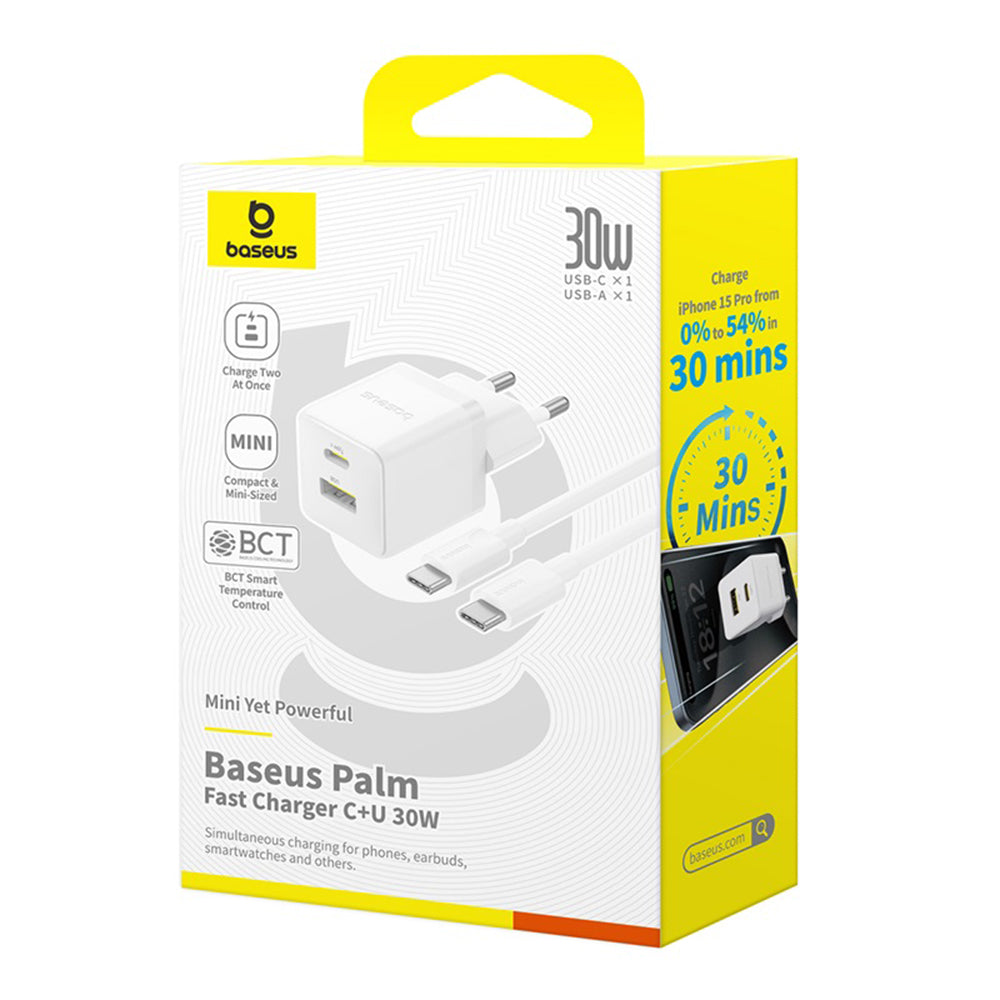 Chargeur Réseau avec Câble USB-C Baseus Palm, 30W, 3A, 1 x USB-A - 1 x USB-C, Blanc P1011160A213-01