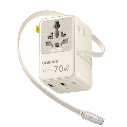 Chargeur secteur avec câble USB-C Baseus Travel EnerCore CG11, 70W, 2 x prise - 1 x USB-C - 2 x USB-A, blanc E0307E01