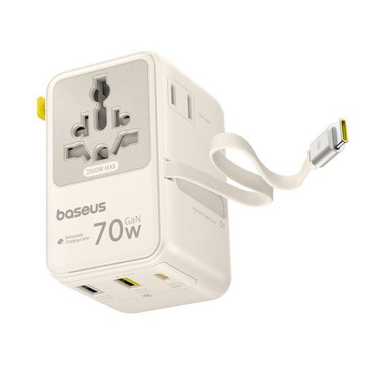 Chargeur secteur avec câble USB-C Baseus Travel EnerCore CG11, 70W, 2 x prise - 1 x USB-C - 2 x USB-A, blanc E0307E01