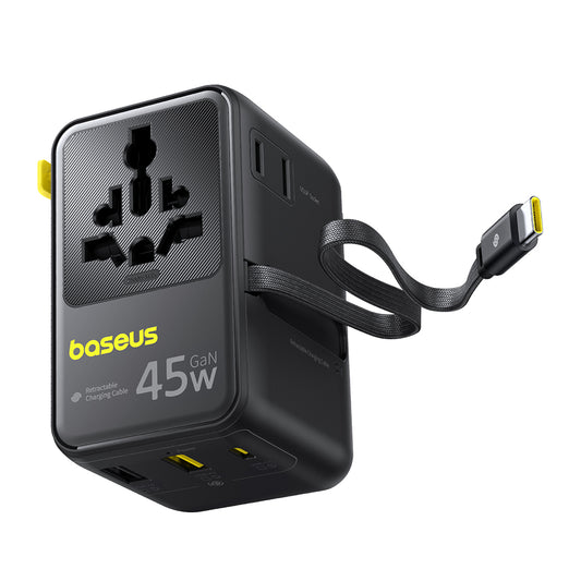 Chargeur secteur avec câble USB-C Baseus Travel PicoGo AG11, 45W, 2 x prise - 1 x USB-C - 2 x USB-A, noir E0307F00