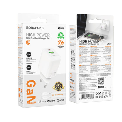 Chargeur réseau avec câble USB-C Borofone BN27 Fuente, 20W, 3A, 1 x USB-A - 1 x USB-C, Blanc