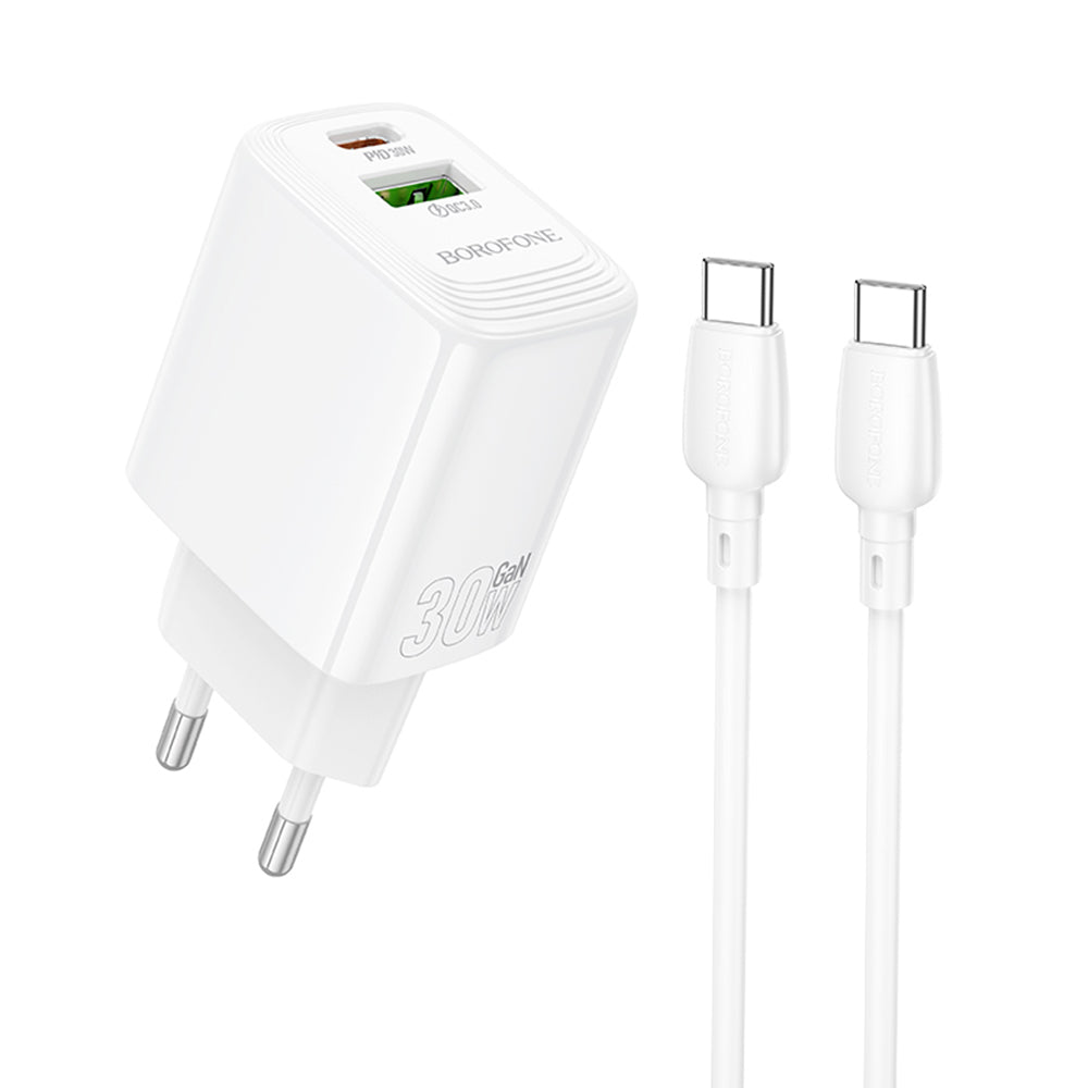 Chargeur réseau avec câble USB-C Borofone BN29 Fuente, 30W, 3A, 1 x USB-A - 1 x USB-C, Blanc