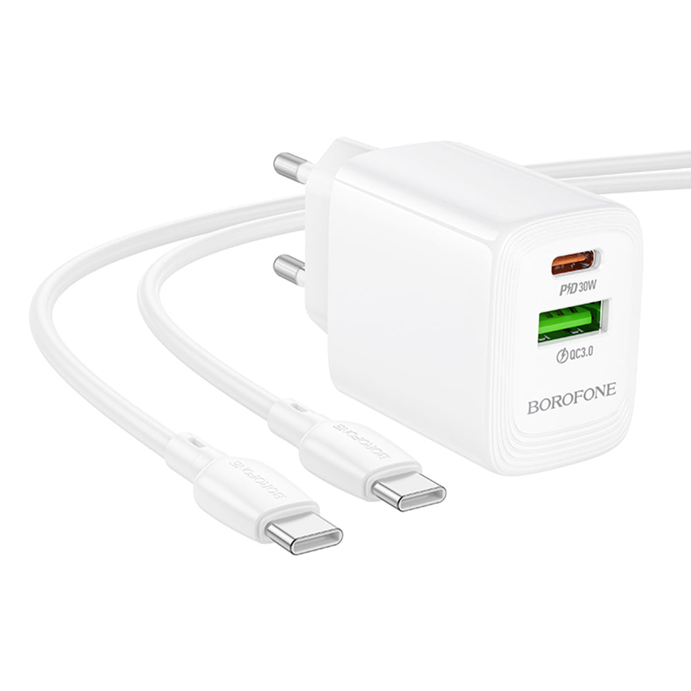 Chargeur réseau avec câble USB-C Borofone BN29 Fuente, 30W, 3A, 1 x USB-A - 1 x USB-C, Blanc