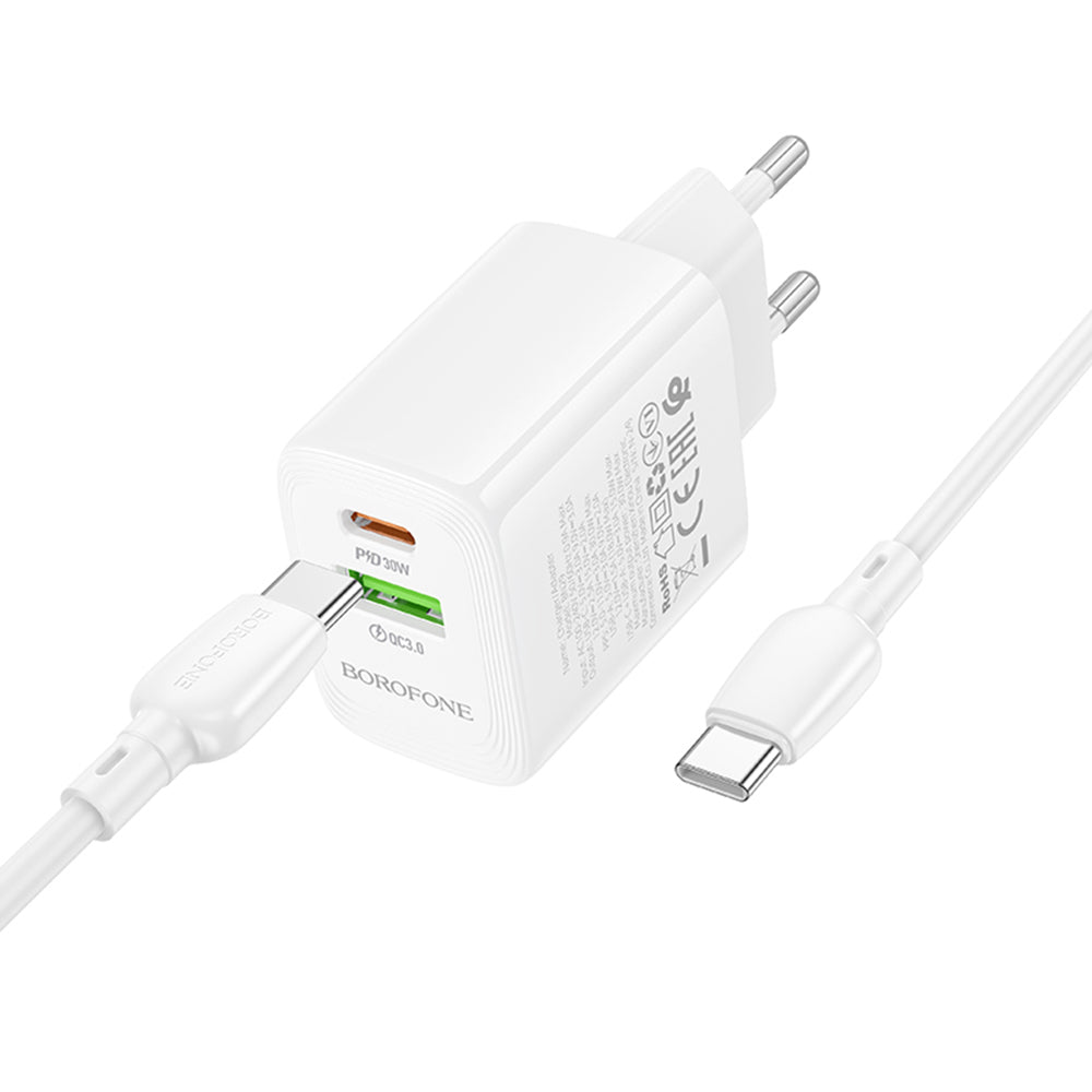 Chargeur réseau avec câble USB-C Borofone BN29 Fuente, 30W, 3A, 1 x USB-A - 1 x USB-C, Blanc