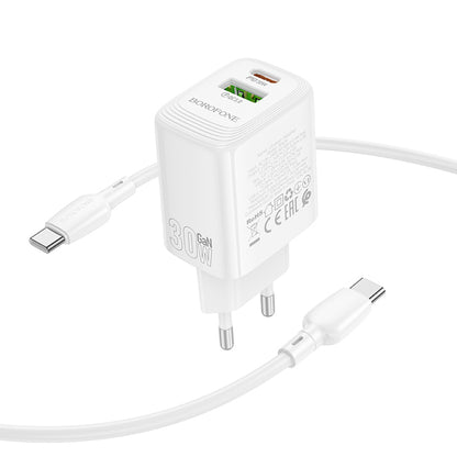 Chargeur réseau avec câble USB-C Borofone BN29 Fuente, 30W, 3A, 1 x USB-A - 1 x USB-C, Blanc