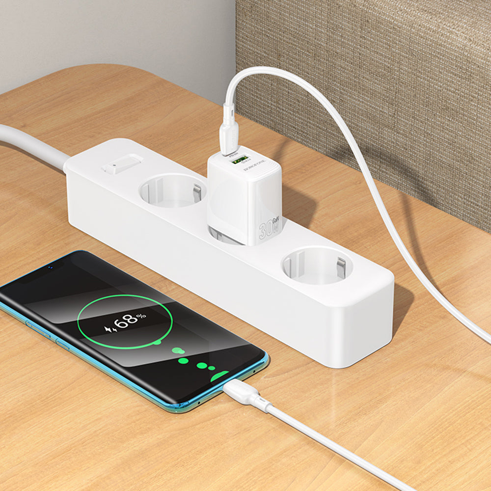 Chargeur réseau avec câble USB-C Borofone BN29 Fuente, 30W, 3A, 1 x USB-A - 1 x USB-C, Blanc