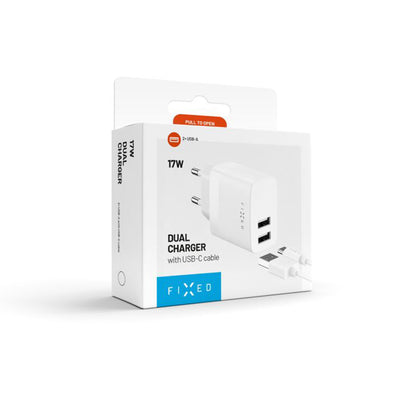 Chargeur réseau avec câble USB-C Fixed, 17W, 3A, 2 x USB-A, Blanc