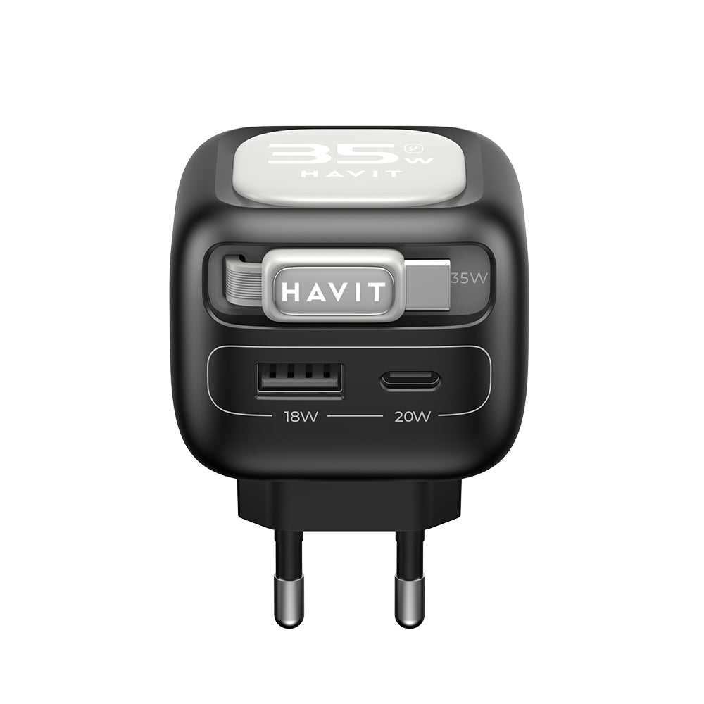 Chargeur Réseau Avec Câble USB-C HAVIT UC251, 35W, 3A, 1 x USB-A - 1 x USB-C, Noir Gris