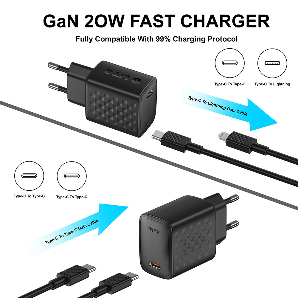 Chargeur réseau avec câble USB-C Lito LC13T, 20W, 3A, 1 x USB-C, Noir