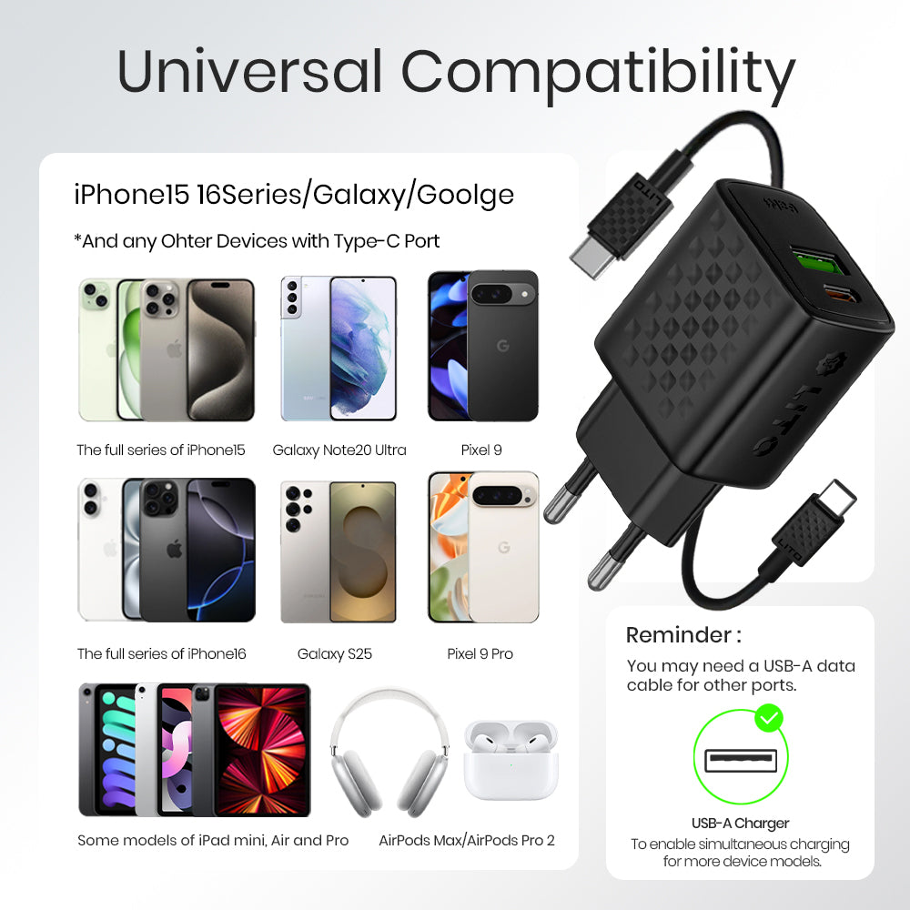 Chargeur réseau avec câble USB-C Lito LC15T, 20W, 3A, 1 x USB-A - 1 x USB-C, Noir