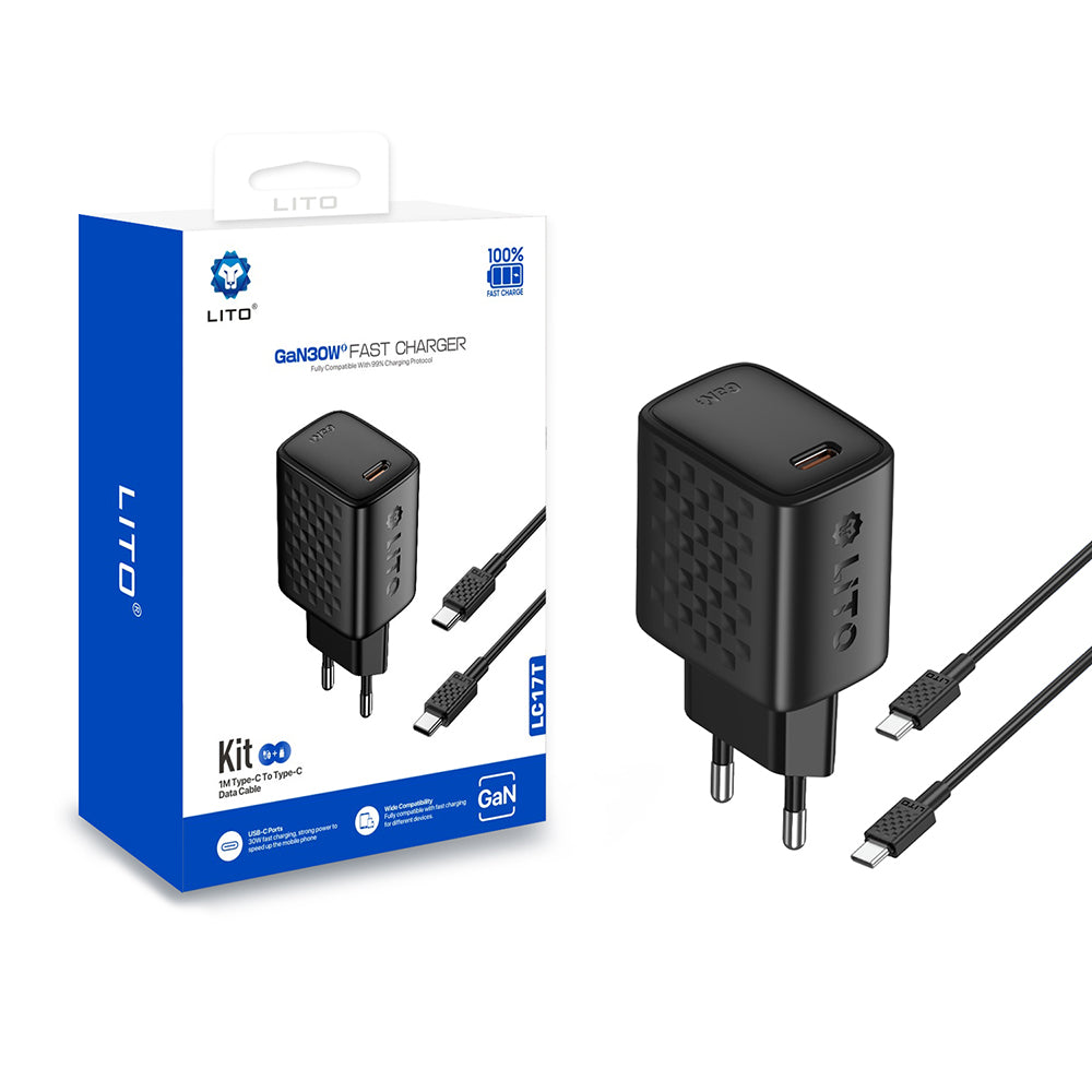 Chargeur réseau avec câble USB-C Lito LC17T, 30W, 3A, 1 x USB-C, Noir