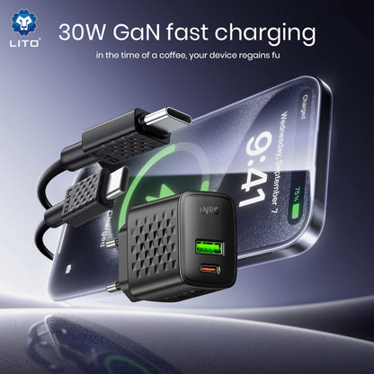 Chargeur réseau avec câble USB-C Lito LC19T, 30W, 3A, 1 x USB-A - 1 x USB-C, Noir