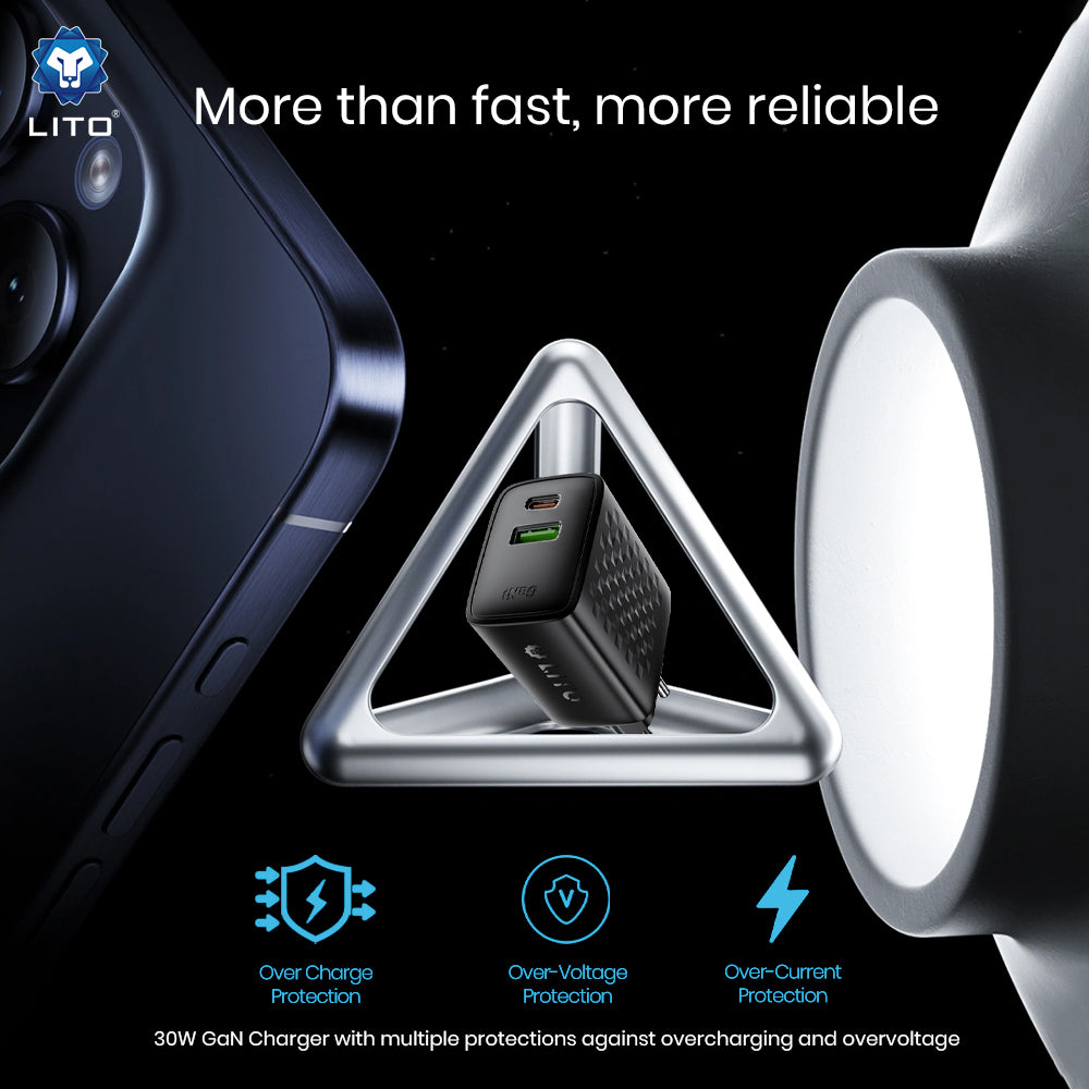 Chargeur réseau avec câble USB-C Lito LC19T, 30W, 3A, 1 x USB-A - 1 x USB-C, Noir